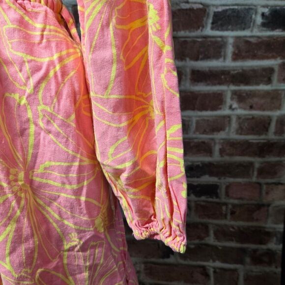 Universal Thread Pink Floral Mini Dress Medium Linen Blend Balloon Sleeve - Picture 3 of 6